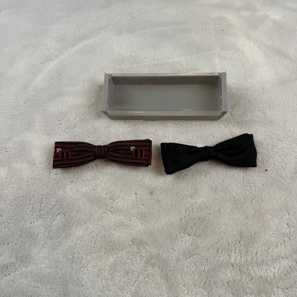 Vintage Superb Clip On Bow Tie Set‎ Burgundy Black Striped Solid Formal Mens